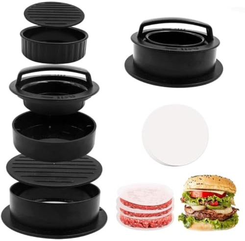 Burger Press, Non-Stick Patty Makers, 3 in 1 Nonstick Hamburger Patty Maker with Handle, 12Cm 100 Wax Papers, Ideal for Delicious BBQ, Burgers, Black