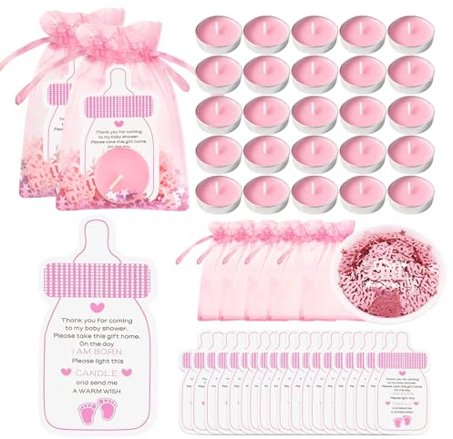 50 Sets Pink Shower Favors Tea Light Candles,Include 50 Candles,50 Organza Bags,50 Little Thank You Tags and 1Pack Party Sequins for Guest Cute Shower Party & Gender Reveal Party Favors
