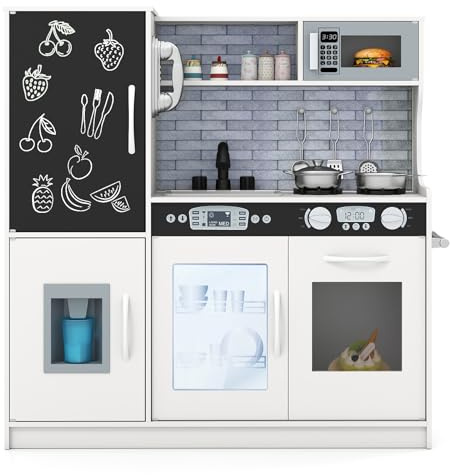 COSTWAY Cuisine Enfants en Bois avec Tableau Noir & Téléphone, Jeu de Cuisine Enfants avec Micro-Ondes & Machine de Glaçons, Jeu d’Imitation pour Enfants de 3-6 Ans, 82 x 24 x 80 cm (Beige)