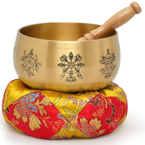 Tibetansk klangskål i mässing, meditationsljud, åtta lyckosamma kopparspel, handgjord dekorativ lotusskål (guld)