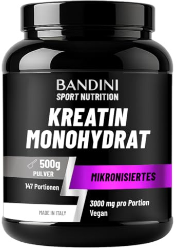 Bandini® Creatina Monohidrato Micronizada Polvo 500 g - 100% Pura, Alta Solubilidad y Máxima Pureza - Creatine Powder para Entrenamiento, Deporte y Gimnasio - Incluye Dosificador - Vegana, Sin Gluten