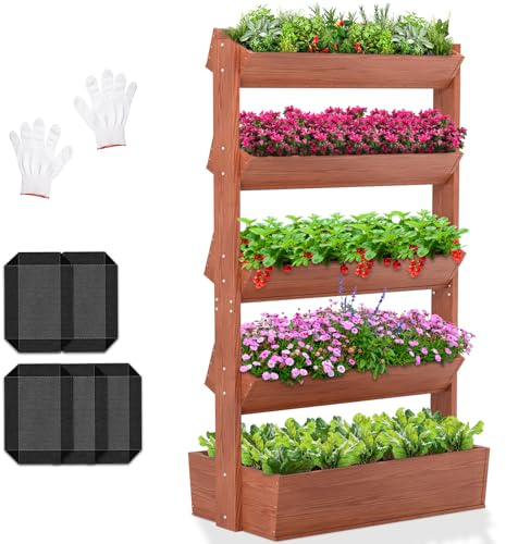 Vertikales Holz Hochbeet mit 5 Etagen Premium Blumenkasten, Frei stehender Blumentreppe Pflanztreppe Gemüsebeet Kräuterbeet Blumenbeet Pflanzkasten für Kräuter, Gemüse, Blumen