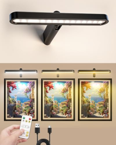 Klarlight Bildbeleuchtung Kabellos, Wiederaufladbare 3600mAh Wandleuchte mit Fernbedienung und Timer, 3 Farbtemperaturen & Dimmbar, 360° Rotation LED Kunst Schnur Lampe für Malerei, Dartboard, Spiegel