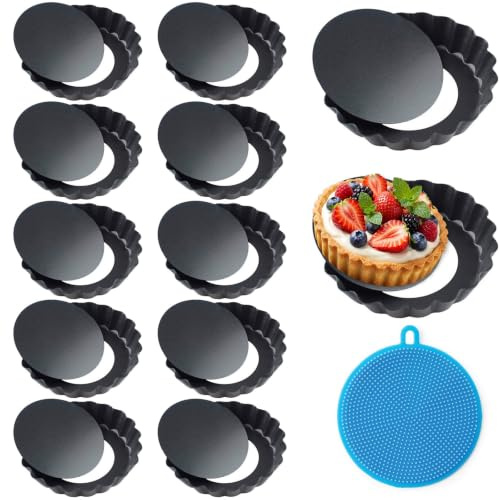Kinyoda Molde Quiche Desmontable Base,12 Piezas Antiadherentes Molde para Tartaletas, Moldes para Quiche Moldes, 3pulgadas/8cm, Acero al Carbono Redondo Molde para hornear tartas