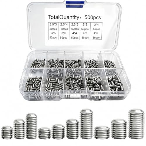 500 Pièces Vis Sans Tête, M2.5 M3 M4 Vis à Tête Hex Creux Acier Inox | Vis Poignée de Porte Assortiment Kit de Fixations Filetée Internes pour Visser Pointeau Poignées de Portes Mécanique Meubles
