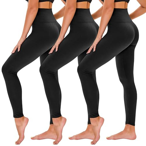 TNNZEET 3 Pack Leggings for Women - Tummy Control High Waisted Soft Yoga Pants for Workout Gym Running Black/Black/Black