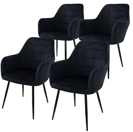 ECD Germany Set 4X Sedie da Pranzo Nero Poltrone Imbottite in Velluto - Stile Design Retro Vintage Scandinavo - Gambe in Metallo - per Sala da Pranzo Soggiorno Cucina o Ufficio