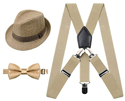 Alizeal 100 Days of School Costume for Kids 2.5cm Elastic Braces 3 Clip Suspender and Bow Tie Set with Fedora Hat, Khaki