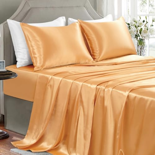 GOLAL Satin Sheets King Size - 4 Pieces Luxury Silky Soft Bed Sheets, Wrinkle-Free Gold Satin Silk Sheet Set with 1 Deep Pocket Fitted Sheet, 1 Flat Sheet, 2 Pillow Cases