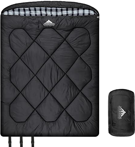 AGEMORE 0 Degree Double Sleeping Bag for Adults, Cotton Flannel Lined 2 Person Queen Size Sleeping Bag for Winter, Double Wide & Warm for Family Couples Camping Or RV Traveling