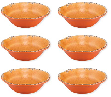 UPware Crackle Melamine Bowl Set, Flower Shaped Bowls for Pasta, Rice, Soup, and Salad, BPA-Free, Dishwasher Safe, Shatter-Proof, Orange, 7 Inch, Set of 6