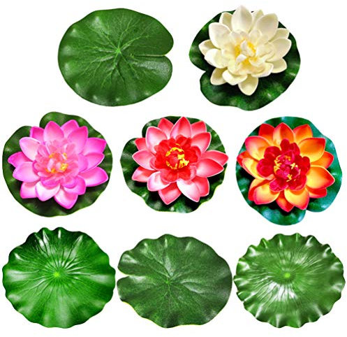 POPETPOP Künstlicher Seerosen Schwimmende Lotusblumen Simulierte Lotusblätter Seerosen-Ornamente Pool-Garten-Dekoration Grün Rosa Weiß