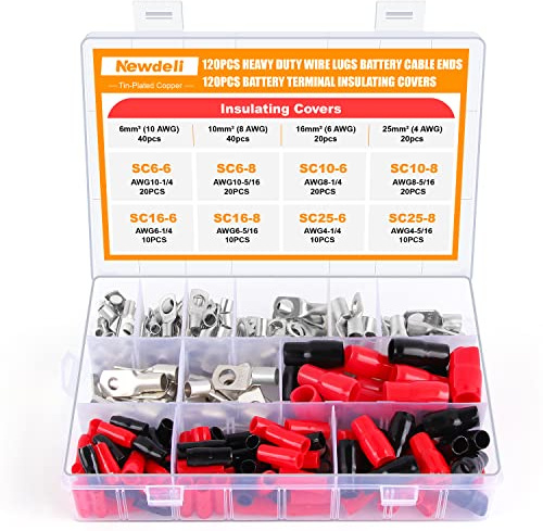 Newdeli 240pcs Heavy Duty Wire Cable Lug Kit, Including 120pcs Tinned Copper Battery Cable Ends Eyelets Tubular SC Ring Terminals + 120pcs Battery Terminal Insulating Covers, Copper Wire Lugs
