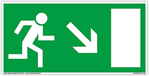 Dreifke® extra 160 - Cartel de salida de emergencia (PVC, autoadhesivo, 297 x 148 mm, según BGV 8A, DIN 67510, señal de salida de emergencia, flecha derecha oblicua hacia abajo, señal de escape,