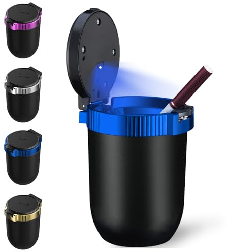 Windshoon Smokeless Car Ashtray with Lid - Stainless Steel Inner Container Windproof Ashtray, Portable LED Blue Light Auto Accessories for Travel, Detachable Mini Trash Can (Blue 1-Pack)