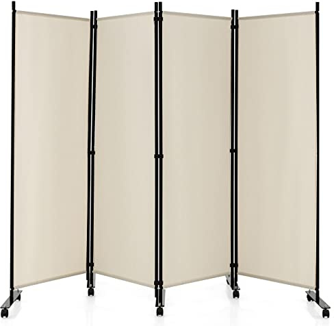 GOPLUS 4-teiliger Faltbarer Raumteiler, 225 x 173 cm Sichtschutz mit Metallrahmen, Paravent Trennwand mit Rollen für Wohnzimmer & Esszimmer (Weiß)