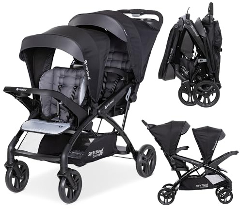 Baby Trend Double Stroller with Canopy Visors, Storage Basket and 2 Cup Holders, Sit N' Stand 2.0 DLX, Stormy – Foldable Infant and Toddler Tandem Stroller and Travel System