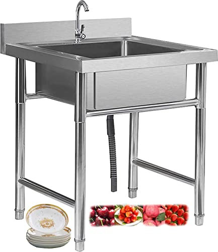 Freistehende Catering-Spüle, 304 Edelstahl-Waschbecken für Waschküche mit Hahn und Abfluss Industrie-Garagenspüle für Restaurant-Werkstatt