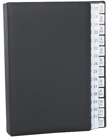 Pultordner mit Register 1-31 plus 1-12 (Jan.-Dez.) aus schwarzem genarbtem Vollrindleder, passend für DIN A4, Softcover mit dehnbarem Rücken