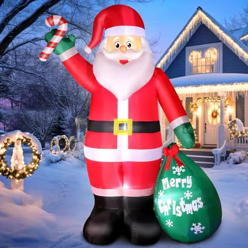 245cm Aufblasbar Weihnachtsmann mit LED Licht, IP44 Wetterfest Aufblasbare Weihnachtsdeko Aussen, Weihnachtsmann Jumbo-Modell mit Geschenktüte und Gehstock, Beleuchtung Dekoration für Garten Rasen Hof