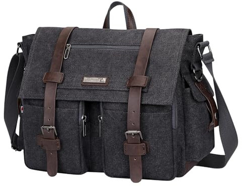 WITZMAN Canvas Messenger Bag Herren Männer Groß Vintage Tasche Umhängetasche 17 Zoll Laptop Crossbody Shoulder Bag（A8008/2 Schwarz）