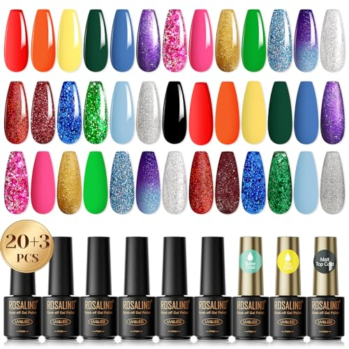 ROSALIND UV Nagellack Set,23 Stück Mini Farbgel für Gelnägel Rot Orange Gelb Grün Blau Lila Glitzer Gel Nagellack Set, Soak Off Natur Gellack für Anfänger Nail Art Maniküre Salon