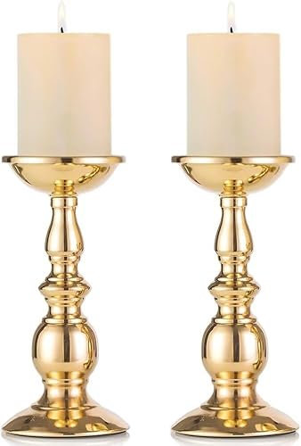 Gold 2 Metall-Kerzenhalter, ideal für 80 mm Stumpenkerzen oder flammenlose LED-Kerzen, Halloween Weihnachtskerzen Dekoration, Hochzeit Party Gefälligkeiten Wohnzimmer Garderobe (2 x L)