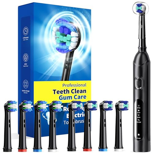 Rotating Electric Toothbrush Case for Adults, 4 Modes Deep Clean Electric Toothbrush with 8 Brush Heads (2 Types), 25-Days Rechargeable Power and 2 Min Smart Timer