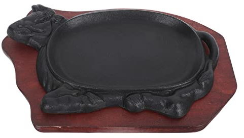 IMIKEYA Plaque à Steak en Fonte Légère Plateau en Bois, Bords Lisses et Ronds, pour Cuisson Maison et Barbecue, Design Forme de Bœuf Noir