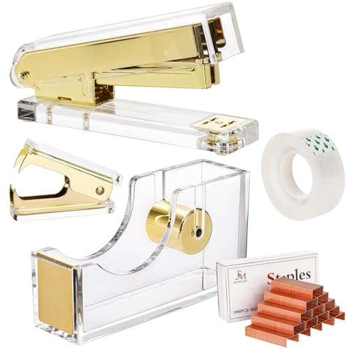 Hiceeden Acrylic Gold Stapler and Tape Dispenser Set, Desk Accessories Office Supplies Includes Tape, Staple Remover and 1000pcs 24/6 Staples, Modern Cute Stapler Set for Desk