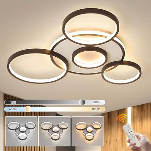 YYUTLUO Moderne LED Deckenleuchte, Ø70cm Schwarze Multi Kreislampe, 58W Stufenlos Dimmbar 3000–6000K, Runder Kronleuchter Aus Metall + Acryl, Schlafzimmer Wohnzimmer Kinder Büro Arbeitszimmer(5 Ringe)