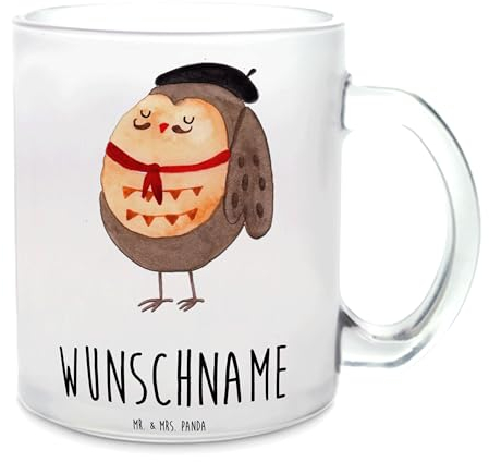 Mr. & Mrs. Panda Personalisierte Teetasse Eule Frankreich - Geschenke, La Vie Est Belle, Das Leben Ist schön, Mit Gravur, Groß Namen, aus Glas, Teegläser, Owl, Personalisiert
