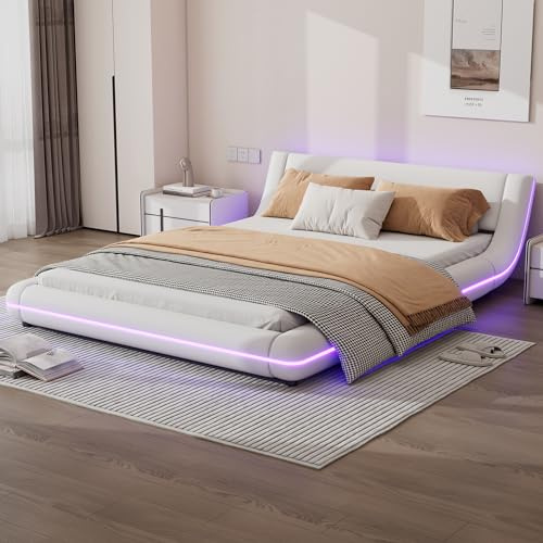 MYBOO Polsterbett Bodenbett 140x200, Doppelbett mit LED Beleuchtung, Lattenrost, Kopfteil, Bogendesign Bett Jugendbett Rückenlehne Bett Bettgestell Bettrahmen, Kunstleder, Ohne Matratze, Weiß