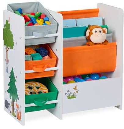 Relaxdays Kinderregal mit 3 Boxen, 4 Taschen, 1 Fach, Spielzeugregal Kinderzimmer, HBT: 64x64x30 cm, Kistenregal, bunt