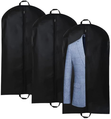 3 Stück Premium Kleidersack, Anzug Transporttasche, Schwarz (60x120cm) | Faltbarer Staubschutz mit Tragegriff und Reißverschluss, Wasserdicht Kleidersäcke für Anzug, Jacken, Hemden