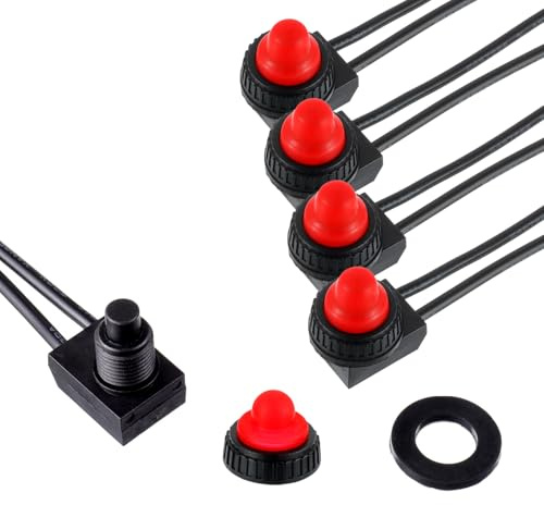 EPLZON 12V Impermeabili Interruttori a Pulsante ON/OFF SPST Interruttore con cavi da 4,5'' per camper/moto/auto KP-107 (Confezione da 5 Pezzi,rosso)