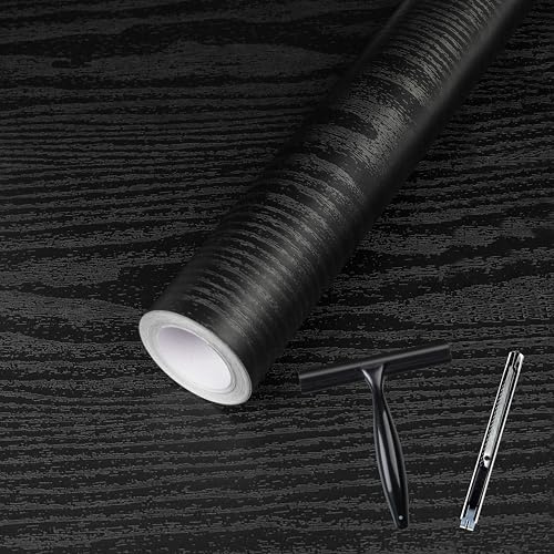 Abyssaly Black Wood Vinyl Wrap Self Adhesive Wallpaper Toolkit Included | 30 X 200cm Matt Wood Effect Sticky Back Plastic Roll for Furniture, Self Adhesive Vinyl Roll PVC Kitchen Worktop