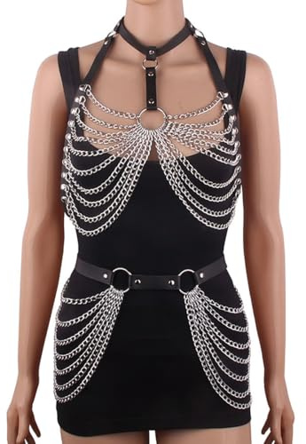 1 Satz Punk Leder Truhe Kette Schwarz, Body Chain Sexy Taillenketten, Geschichtet BH Ketten Mehrschichtig Körperketten Nachtclub Halsband Körperzubehör Schmuck für Frauen festival outfit