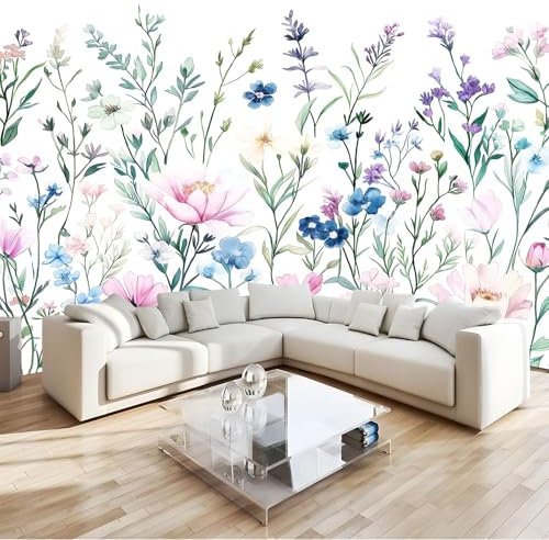 Bianco Carta Da Parati 3D Piante E Fiori Acquerellati Poster Decorazione Da Muro Gigante Murale 200 X 140 Cm Per Soggiorno Camera De Letto Sala Ufficio
