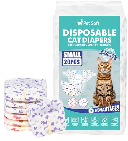 Pet Soft Pañales Desechables para Gatos, 20 Unidades, Súper absorbentes, Pañales para Gatos Hembras en Calor/Temporada/incontinencia con indicador de Humedad (S-20 Unidades)