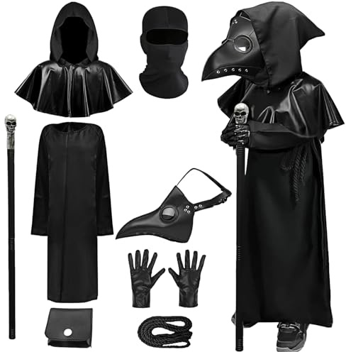 Costume de médecin de la peste pour enfants - Cape à capuche, poncho, ceinture, gants, masque à bec - Déguisement pour Halloween, carnaval (150)
