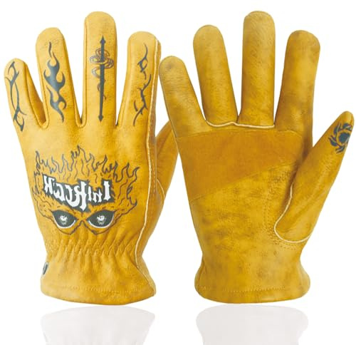 OLSON DEEPAK Fantastic Cowhide Leather Gardening Gloves for Men&Women,Thorn Proof Safety Work Gloves for Gardening,Construction,Moerbike,Hiking,Climbing,Heavy Duty Rigger Gloves (Fancy Yellow, L)
