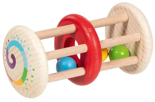 goki 65349 Greifling Doppelkäfigrassel – Babyrassel aus Holz mit bunten Kugeln – Made in Germany
