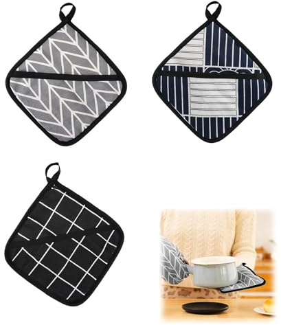 VYNZOR Set di 3 Presine da Cucina con Tasca e Anello Appendibile, Presine Isolate in Cotone Resistente al Calore, per Pentole, Forno, Griglia, Lavabile, Protezione per Mani e Piano