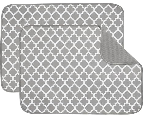 2-Pack Super Absorbent Microfiber Dish Drying Mats - 40x45cm Kitchen Sink Mats for Draining Glassware & China - Quick-Dry Washing Up Mats with Non-Slip Backing (Grey Trellis Design)