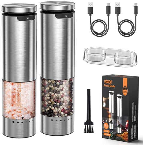 VOXON Electric Salt and Pepper Grinder Set, Rechargeable Stainless Steel Pepper Grinder with Durable Metal Container, One-Hand Operation, 6 Grind Settings & LED Light, Gift Sets