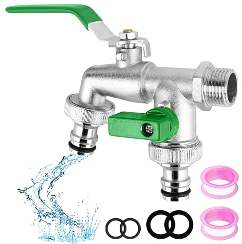 Wasserhahn Garten Doppel Auslaufhahn 1/2 Zoll & 3/4 Zoll Kugelhahn(Grüner) | Doppelwasserhahn mit Schlauchanschlüsse Rollendichtband Doppelanschluss und Schlauchtülle für die Garten Haushaltsindustrie