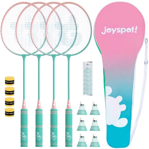 JOY SPOT! Federball Badminton Schläger 4er Set, 6 Federbälle mit Tragetasche, Leichter Federball Set mit weichem Griff, Badmintonschläger für Erwachsene & Anfänger für Indoor Outdoor im Garten