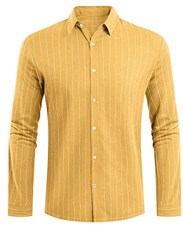 Generisch Camicia da uomo a maniche lunghe, da lavoro, a righe, colletto in cotone, classica ed elegante, giallo., XXL