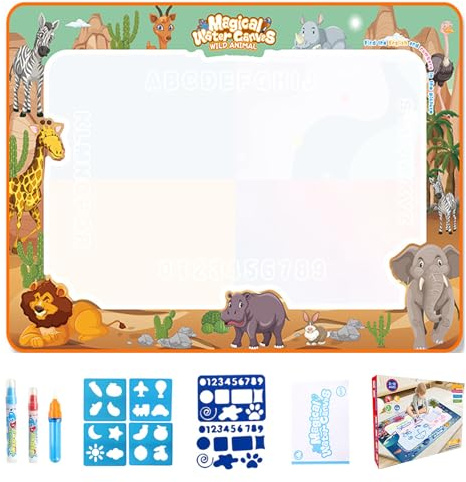 Water Paint Mat, Painting Writing Coloring Mat with Templates and Pens, Stamps, Molds No Coloring Painting Educational Toys, Reusable Endless Fun with Water-based Drawing for Desert Animals 100*80cm